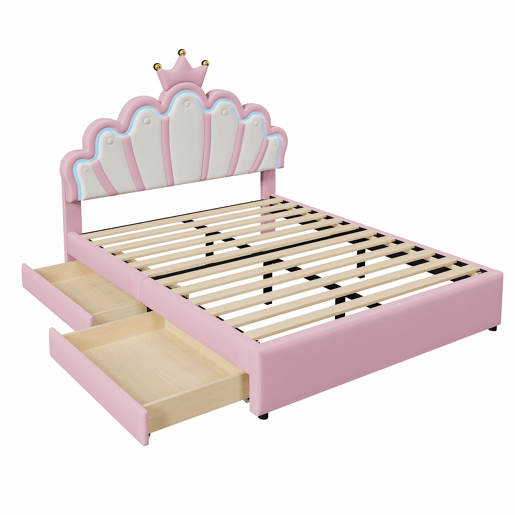 Cama de criança estofada 140x200 cm - com LED e 2 gavetas - Rosa