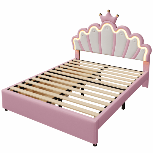 Cama de criança estofada 140x200 cm - com LED e 2 gavetas - Rosa