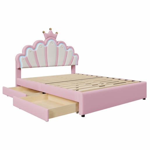 Cama de criança estofada 140x200 cm - com LED e 2 gavetas - Rosa