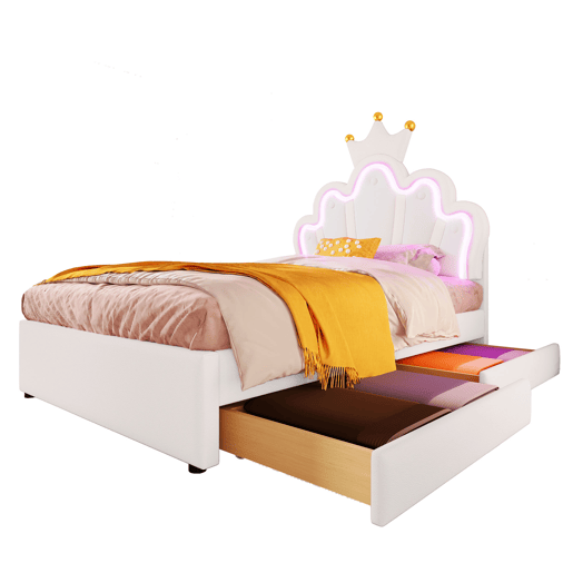 Cama estofada 90x200 cm - luz LED, 2 gavetas, cabeceira ajustável - branca