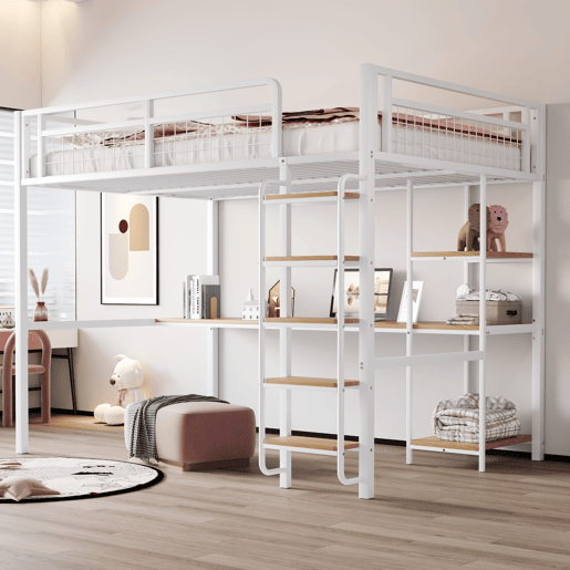 Cama alta metálica 140x200 cm - com secretária e escada de segurança - Branco