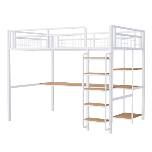 Cama alta metálica 140x200 cm - com secretária e escada de segurança - Branco