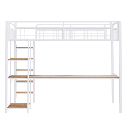 Cama alta metálica 140x200 cm - com secretária e escada de segurança - Branco