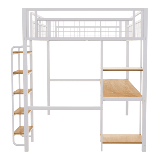 Cama alta metálica 140x200 cm - com secretária e escada de segurança - Branco