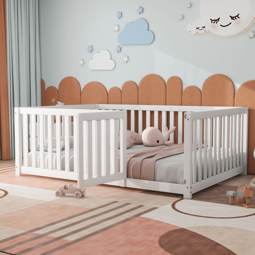 Cama de madeira maciça para crianças 140x200cm com barreira de segurança - Branco