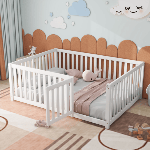 Cama de madeira maciça para crianças 140x200cm com barreira de segurança - Branco