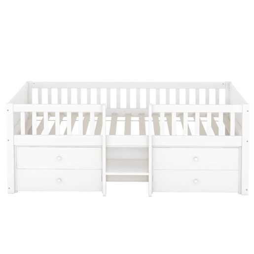 Cama de criança em madeira maciça 90x200cm - com 4 gavetas - Branco (colchão não incluído)