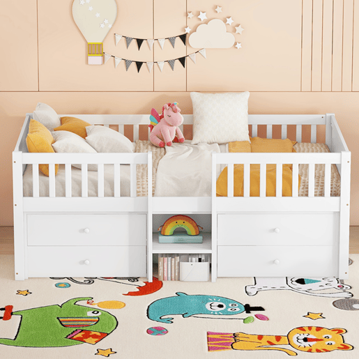 Cama de criança em madeira maciça 90x200cm - com 4 gavetas - Branco (colchão não incluído)