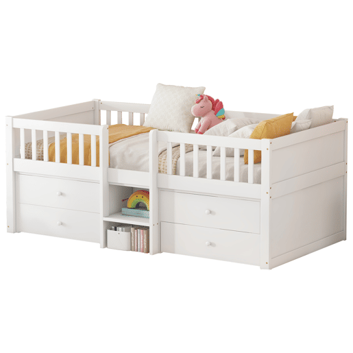 Cama de criança em madeira maciça 90x200cm - com 4 gavetas - Branco (colchão não incluído)