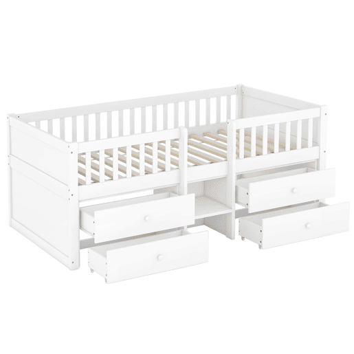 Cama de criança em madeira maciça 90x200cm - com 4 gavetas - Branco (colchão não incluído)