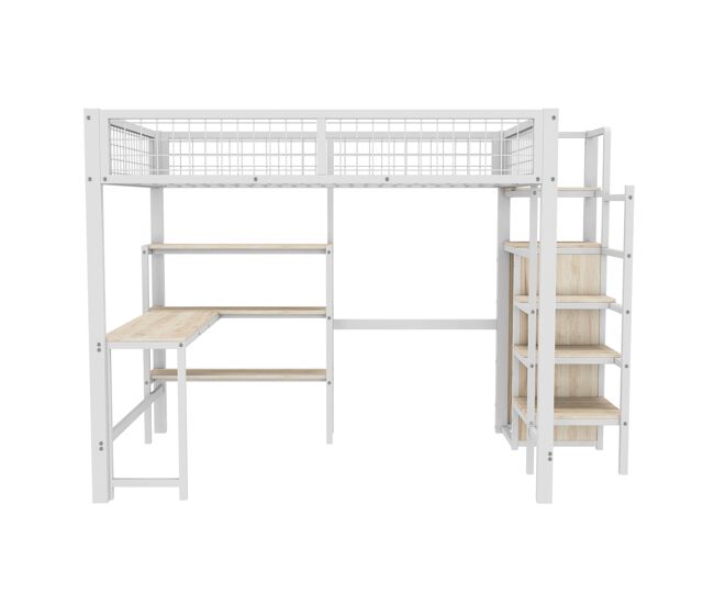 Cama alta 140x200 cm - estructura de hierro - con escritorio y estantes - blanco
