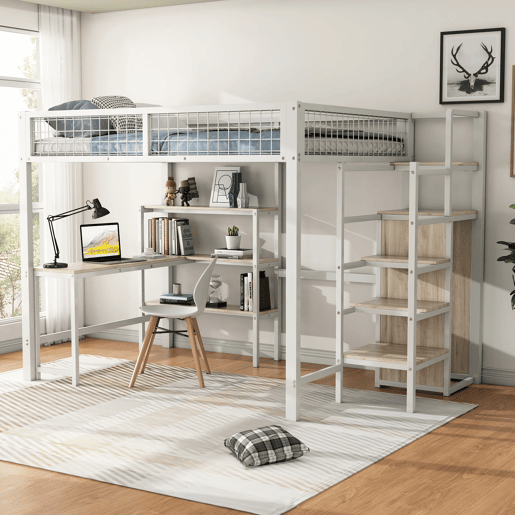 Cama alta 140x200 cm - estrutura em ferro - com secretária e prateleiras - Branco