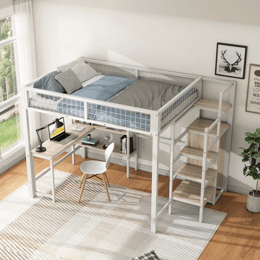 Cama alta 140x200 cm - estrutura em ferro - com secretária e prateleiras - Branco