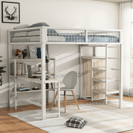 Cama alta 140x200 cm - estrutura em ferro - com secretária e prateleiras - Branco