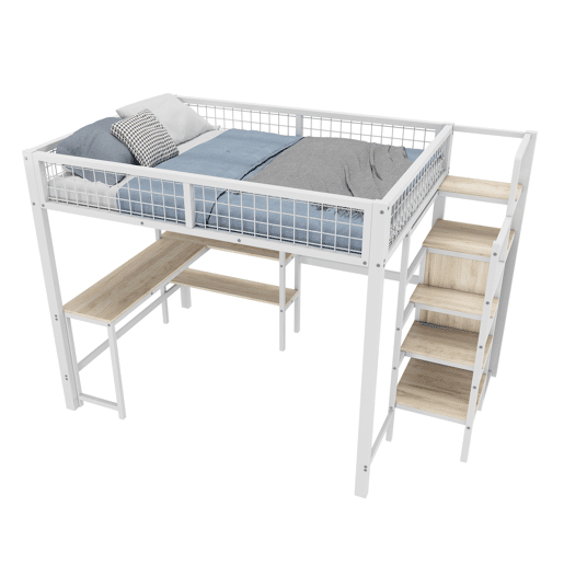 Cama alta 140x200 cm - estrutura em ferro - com secretária e prateleiras - Branco