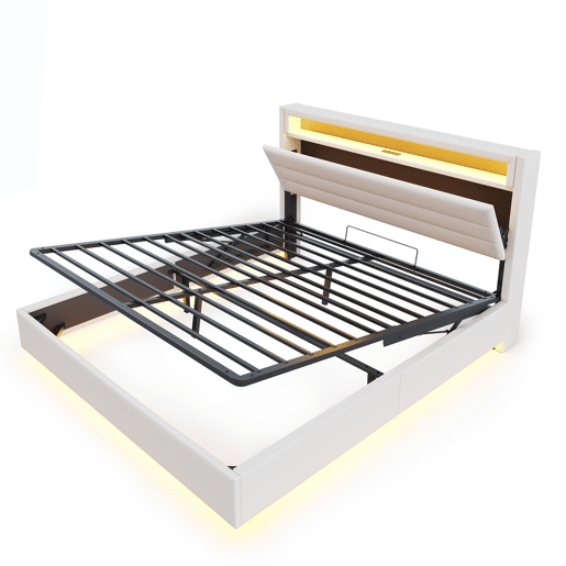 Cama contentora estofada em linho 160x200 cm - com tomada USB e LED - Bege Cama contentora estofada em linho 160x200 cm - com tomada USB e LED - Bege