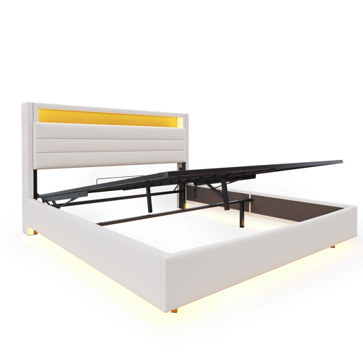 Cama contentora estofada em linho 160x200 cm - com tomada USB e LED - Bege Cama contentora estofada em linho 160x200 cm - com tomada USB e LED - Bege