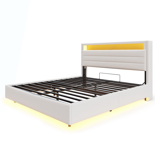 Cama contentora estofada em linho 160x200 cm - com tomada USB e LED - Bege Cama contentora estofada em linho 160x200 cm - com tomada USB e LED - Bege