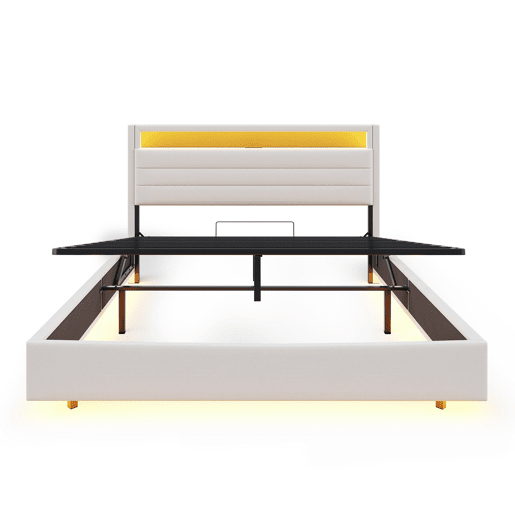 Cama contentora estofada em linho 160x200 cm - com tomada USB e LED - Bege Cama contentora estofada em linho 160x200 cm - com tomada USB e LED - Bege