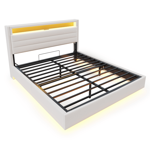 Cama contentora estofada em linho 160x200 cm - com tomada USB e LED - Bege Cama contentora estofada em linho 160x200 cm - com tomada USB e LED - Bege