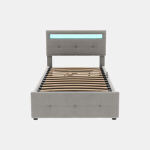 Contentor-cama 90x200 cm estofado em veludo - com LED e estrado - Cinzento