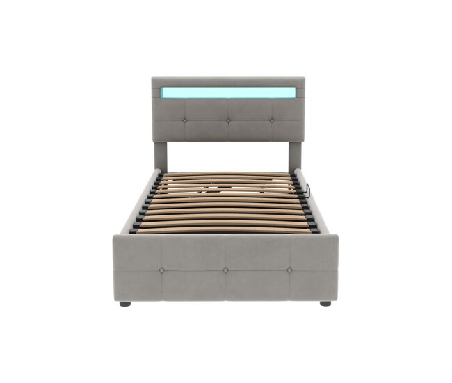 Cama contenedor 90x200 cm acolchada en terciopelo - con led y somier - gris