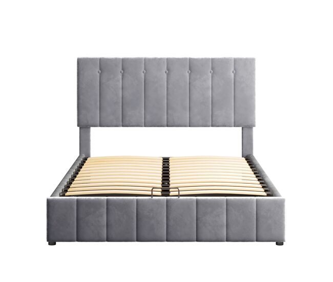 Cama con almacenaje tapizada - 140x200cm - tela de terciopelo - gris