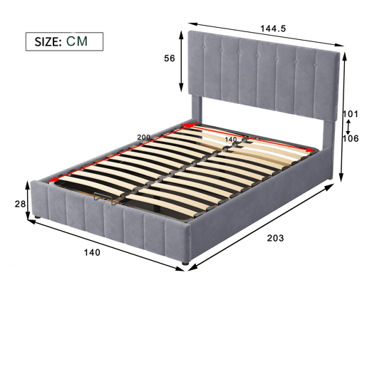 Cama estofada com arrumação - 140x200cm - tecido aveludado - Cinzento