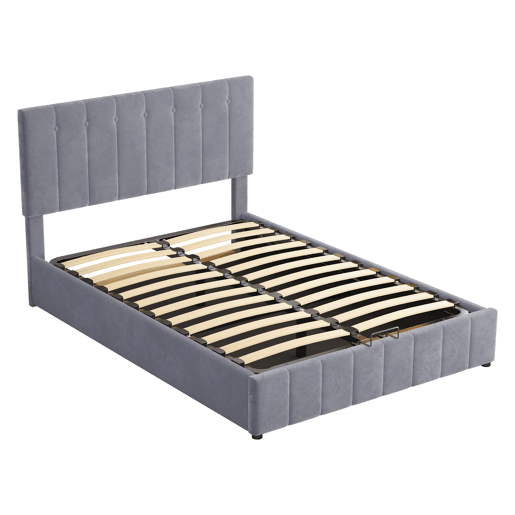 Cama estofada com arrumação - 140x200cm - tecido aveludado - Cinzento