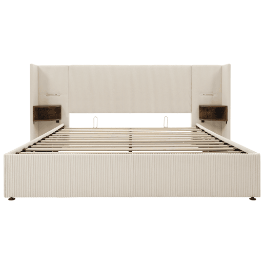 Cama contentora em veludo cotelê 160x200 cm - 2 mesas de cabeceira com luz de leitura e função de carregamento - com estrado de molas - Bege