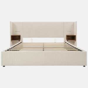 Cama contentora em veludo cotelê 160x200 cm - 2 mesas de cabeceira com luz de leitura e função de carregamento - com estrado de molas - Bege