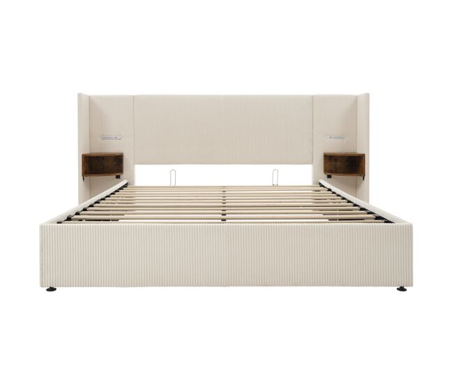 Cama contenedor de pana 160x200 cm - 2 mesitas de noche con luz de lectura y función de carga - con somier - beige