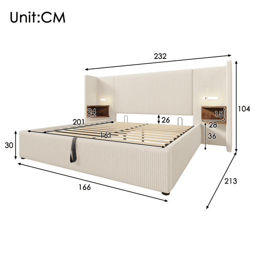 Cama contentora em veludo cotelê 160x200 cm - 2 mesas de cabeceira com luz de leitura e função de carregamento - com estrado de molas - Bege