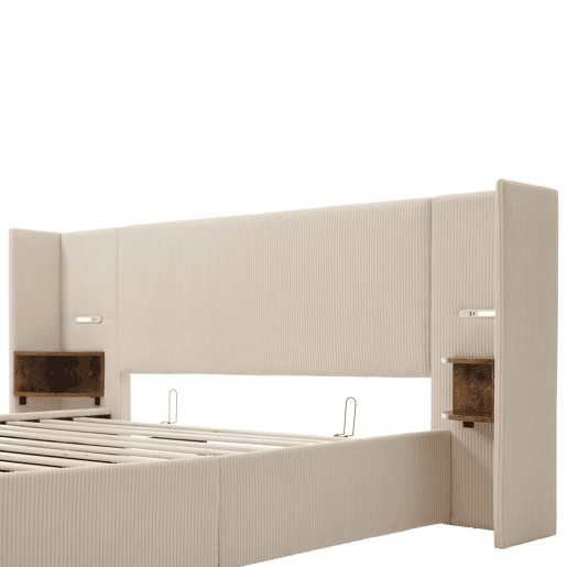 Cama contentora em veludo cotelê 160x200 cm - 2 mesas de cabeceira com luz de leitura e função de carregamento - com estrado de molas - Bege