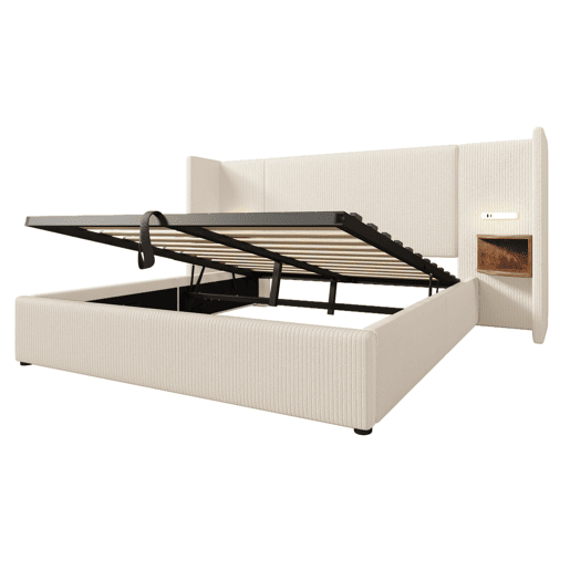 Cama contentora em veludo cotelê 160x200 cm - 2 mesas de cabeceira com luz de leitura e função de carregamento - com estrado de molas - Bege