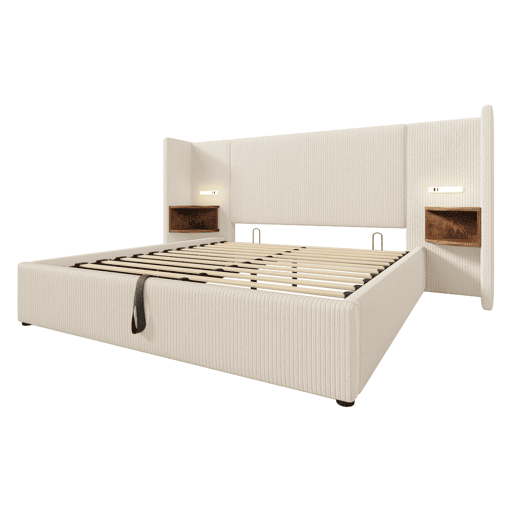 Cama contentora em veludo cotelê 160x200 cm - 2 mesas de cabeceira com luz de leitura e função de carregamento - com estrado de molas - Bege
