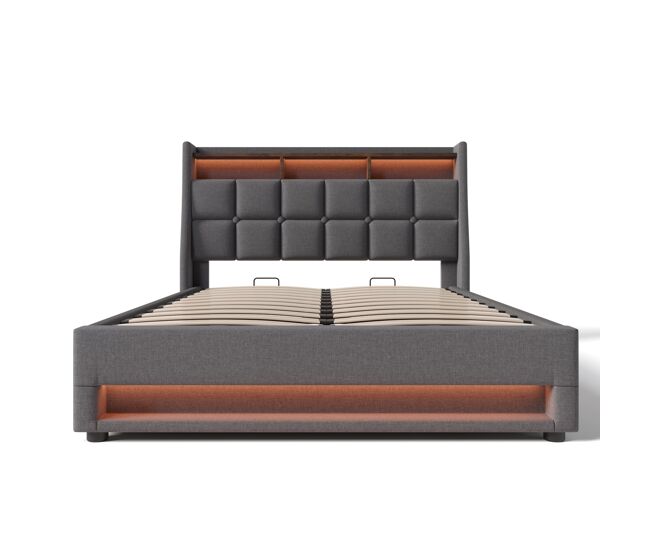 Cama con almacenaje de lino 140x200 cm con led y puertos usb - somier - gris