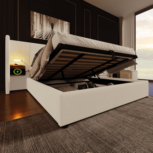Cama contentora em veludo cotelê 180x200 cm - 2 mesas de cabeceira com luz de leitura e função de carregamento - com estrado de molas - Bege