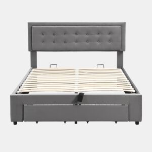 Cama contentor estofada em veludo 140x190cm - com gaveta e estrado de molas - Cinzento (sem colchão)