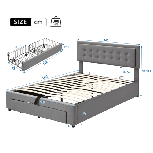 Cama contentor estofada em veludo 140x190cm - com gaveta e estrado de molas - Cinzento (sem colchão)