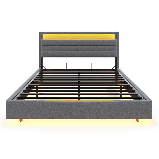 Cama contentora estofada em linho 160x200 cm - com tomada USB e LED - Cinzento Cama contentora estofada em linho 160x200 cm - com tomada USB e LED - Cinzento