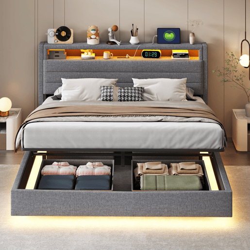 Cama contentora estofada em linho 160x200 cm - com tomada USB e LED - Cinzento Cama contentora estofada em linho 160x200 cm - com tomada USB e LED - Cinzento