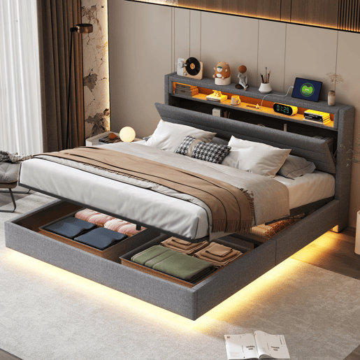 Cama contentora estofada em linho 160x200 cm - com tomada USB e LED - Cinzento Cama contentora estofada em linho 160x200 cm - com tomada USB e LED - Cinzento
