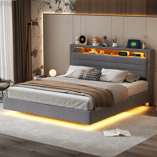 Cama contentora estofada em linho 160x200 cm - com tomada USB e LED - Cinzento Cama contentora estofada em linho 160x200 cm - com tomada USB e LED - Cinzento