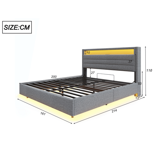 Cama contentora estofada em linho 160x200 cm - com tomada USB e LED - Cinzento Cama contentora estofada em linho 160x200 cm - com tomada USB e LED - Cinzento