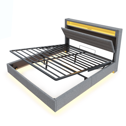 Cama contentora estofada em linho 160x200 cm - com tomada USB e LED - Cinzento Cama contentora estofada em linho 160x200 cm - com tomada USB e LED - Cinzento