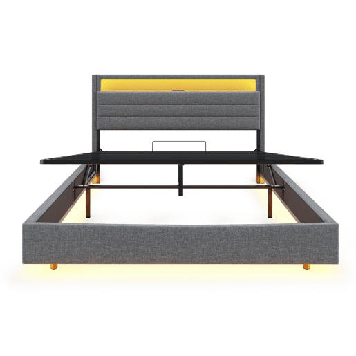 Cama contentora estofada em linho 160x200 cm - com tomada USB e LED - Cinzento Cama contentora estofada em linho 160x200 cm - com tomada USB e LED - Cinzento