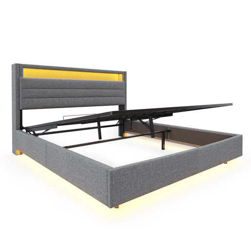 Cama contentora estofada em linho 160x200 cm - com tomada USB e LED - Cinzento Cama contentora estofada em linho 160x200 cm - com tomada USB e LED - Cinzento