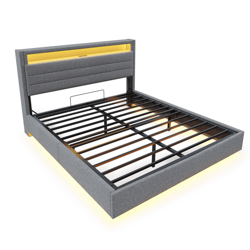 Cama contentora estofada em linho 160x200 cm - com tomada USB e LED - Cinzento Cama contentora estofada em linho 160x200 cm - com tomada USB e LED - Cinzento