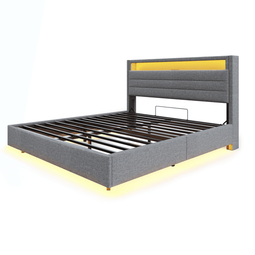 Cama contentora estofada em linho 160x200 cm - com tomada USB e LED - Cinzento Cama contentora estofada em linho 160x200 cm - com tomada USB e LED - Cinzento